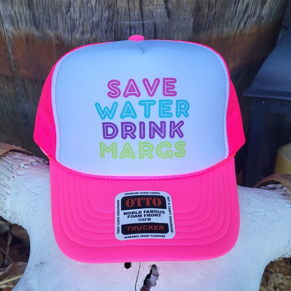 Save Water Drink Margs Funny Trucker Hat OTTO Neon Pink Drinking Cap Snapback